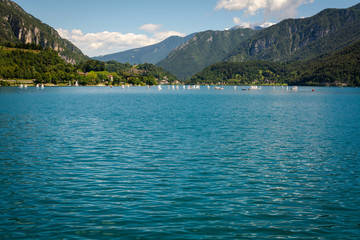 Ledro, Italy. Sailing school on small boats. School on Lake Ledro. Alpine lake. Summer time. Trentino Alto Adige,northern italy, Europe