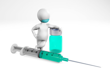 Man with a mask with syringe and medicine 3d rendering
