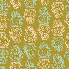 Seamless vector pattern of ornamental lined abstract flowers on dark yellow