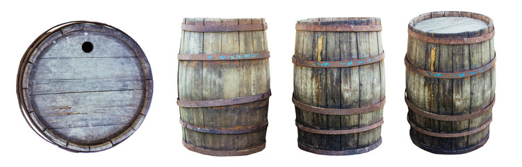 Obraz premium Wooden old barrels isolated. Set of different angles. Rotten wood, rusted rims