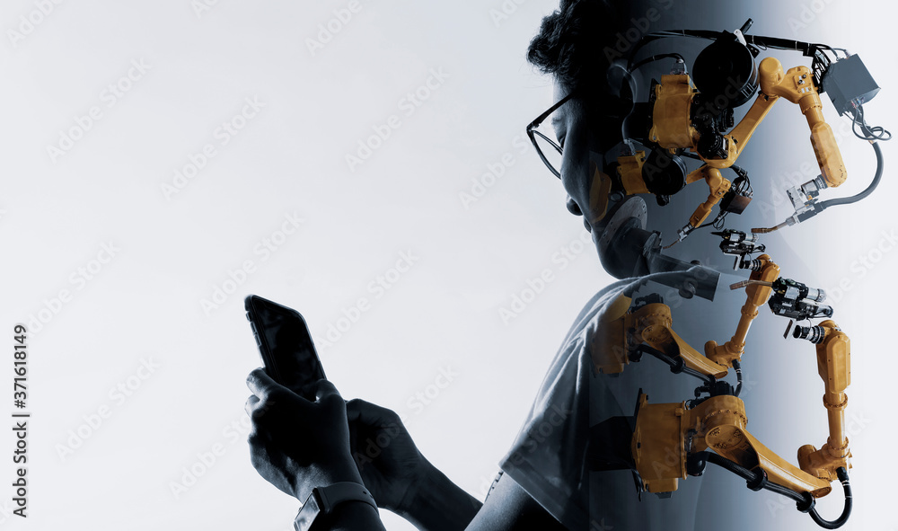 Poster Double explosure of Factory Female Industrial manager Engineer looking at automation robot arms machine in factory industrial on real time monitoring system software.