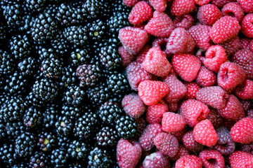 Top view. Full frame of blackberries and raspberries.
