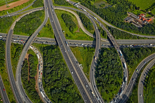 Aerial view of of the M25 and M11 interchange in Greater London in Epping, Essex