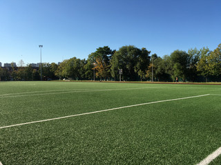 School stadium. Green grass soccer field with white markings.