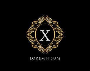 Luxury Badge X Letter Logo. Luxury gold calligraphic vintage emblem with beautiful classy floral ornament. Elegant Frame design Vector illustration.