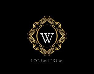 Luxury Badge W Letter Logo. Luxury gold calligraphic vintage emblem with beautiful classy floral ornament. Elegant Frame design Vector illustration.
