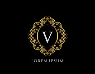 Luxury Badge V Letter Logo. Luxury gold calligraphic vintage emblem with beautiful classy floral ornament. Elegant Frame design Vector illustration.
