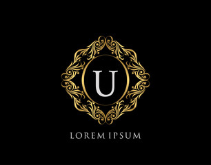 Luxury Badge U Letter Logo. Luxury gold calligraphic vintage emblem with beautiful classy floral ornament. Elegant Frame design Vector illustration.