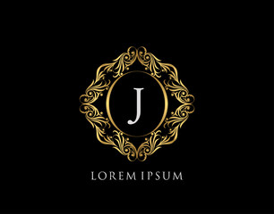 Luxury Badge J Letter Logo. Luxury gold calligraphic vintage emblem with beautiful classy floral ornament. Elegant Frame design Vector illustration.