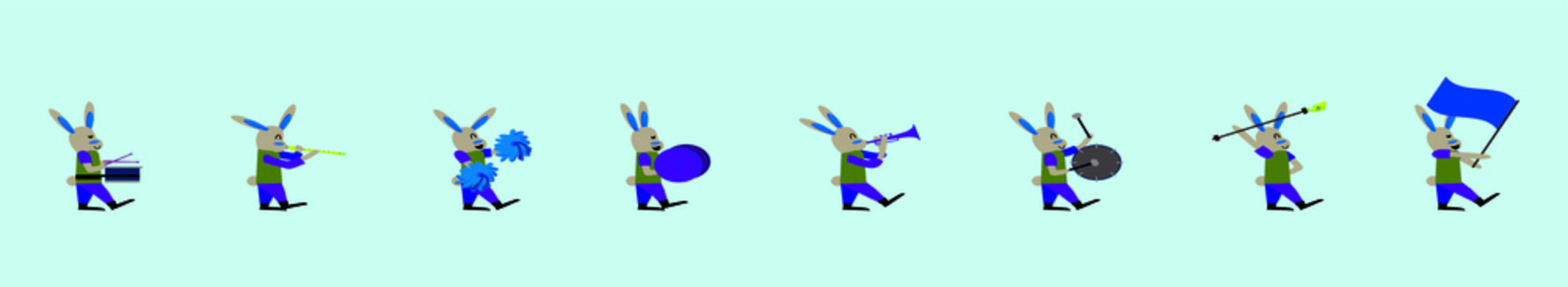 set of rabbit marching band design template with various models. isolated vector illustration on blue