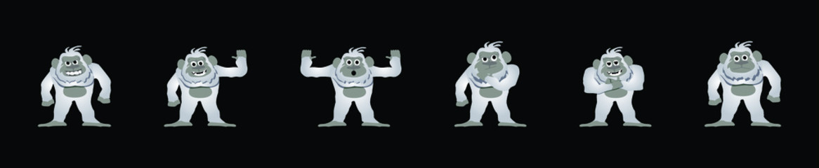 set of cartoon yeti design template with various models. isolated vector illustration on black