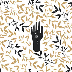 Vector colors seamless pattern of mystic henna mudra hands and flower. Great for fabric, wrapping paper and card. Aztec stile, ethnic collection, design  isolated on white background.