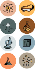 Vector chemical icons. A set of colorful design templates for icons and logos-the highlight of the history of social networks. Atom, flask, experiment, research, laboratory, and more.