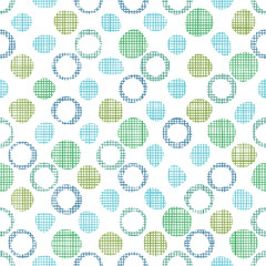 Doodle woven fabric texture in bubbles and dots. Seamless pattern of textile. Repeating linen or cotton texture. Pastel blue and green colors.