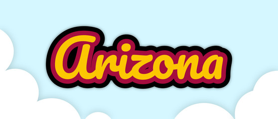 "Arizona", big bold stroke text in football colours, floating in sky with clouds. Editable, Removable background. Vector Illustration.