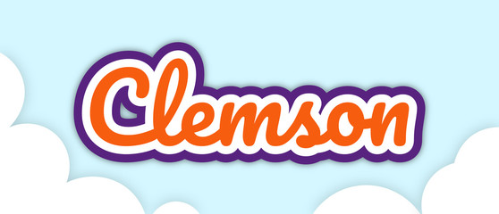 "Clemson", big bold stroke text in football colours, floating in sky with clouds. Editable, Removable background. Vector Illustration.