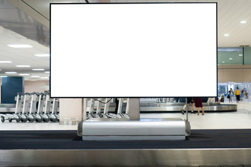 Airport banner for Advertising lcd mock up empty, Blank billboard at conveyor belt luggage in trolley with screen for cutomer text information advertise about tourism transport business