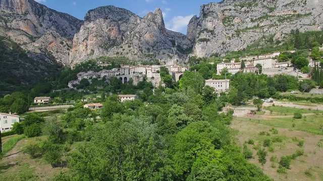 France, Alpes-de-haute-provence,  Aerial view of Moustiers-Sainte-Marie labelled Les Plus Beaux Villages de France (The Most Beautiful Villages of France)
