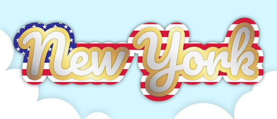 "New York" banner, big bold stroke style text. Editable removable background. Gold and silver script on the US flag, in sky with clouds. Vector Illustration. 
