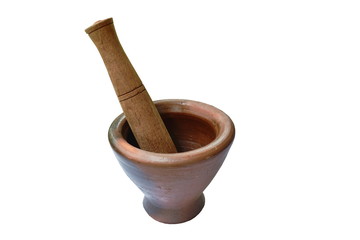 clay mortar and wooden pestle Thai tradition kitchenware for mashed food on white background