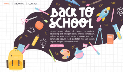 School time or back to school design. Backpack with various school supplies. Books, rocket, stationery, scissors, marker, ruler etc. Vector web page banner illustration.