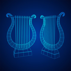 Ancient lyre or harp musical instrument. Music concept. Wireframe low poly mesh vector illustration.