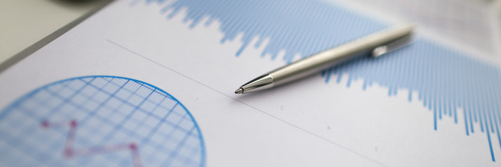 Close-up of pen lying on bar chart. Chief manager preparing financial statement for conversation. Work in corporation. Business meeting and company concept