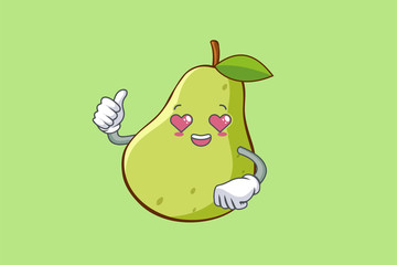 LOVELY, HAPPY, LOVING IN LOVE, HEART EYE Face Emotion. Thumb Up Hand Gesture. Green Pear Fruit Cartoon Drawing Mascot Illustration.