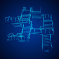 Wireframe stairs, interior staircases steps with railing. Wireframe low poly mesh vector illustration.