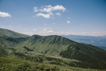 A large green field with a mountain in the background