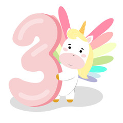 3 Birthday party invitation with baby unicorn. Vector