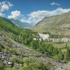 Fototapeta na wymiar Mountain gorge on a summer day. Rocks, stones, forest and stormy river.