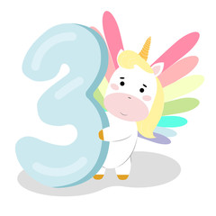 3 Birthday party invitation with baby unicorn. Vector