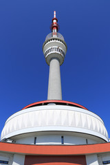 Obraz premium Praded lookout tower and television transmitter - the highest mountain of Hruby Jesenik in northern Moravia in the Czech Republic. Transfer of information, acquisition of important data.