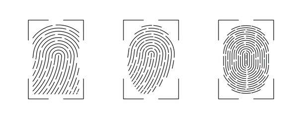 Vector Fingerprint Scanner Set. Security biometric thumb id identification set isolated on white background. Editable Stroke.
