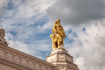 Fototapeta premium Decorative elements of pavilions at the exhibition of achievements of the national economy (VDNH) on a Sunny summer day. Popular tourist attraction. Russia, Moscow, August 2020