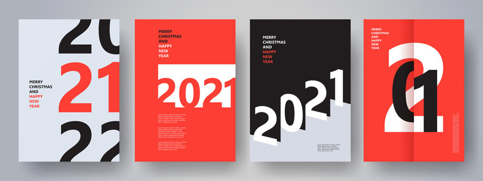 Creative concept of 2021 Happy New Year posters set. Design templates with typography logo 2021 for celebration and season decoration. Minimalistic trendy backgrounds for branding, banner, cover, card