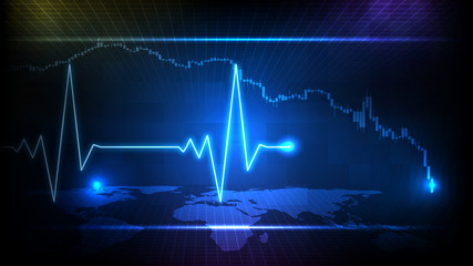 abstract background of blue futuristic technology digital ECG heartbeat pulse line wave monitor and stock market candle graph