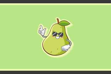 RELAXED, GLASSES, COOL Face Emotion. Forefinger Hand Gesture. Green Pear Fruit Cartoon Drawing Mascot Illustration.