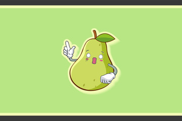 SPACED OUT, SURPRISED, SHOCKED Face Emotion. Forefinger Hand Gesture. Green Pear Fruit Cartoon Drawing Mascot Illustration.
