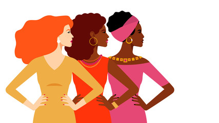 Multi-ethnic women together. Women different nationalities and cultures. The struggle for rights and equality. Female empowerment movement. Different women: African, European, Latin American. Vector.