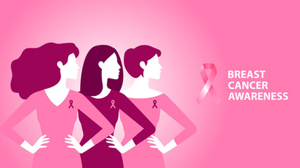 Breast Cancer Awareness. Pink banner. Different Women stay together on pink background with Pink ribbon. The concept of support, information and gentle help. Modern vector illustration.