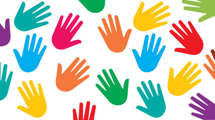 Hands with different skin colors: green, red, blue, yellow. White background. Vector illustration. Colorful vivid background.