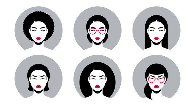 Avatars icon set. Set of diverse female faces for profile, design, banner. Beautiful female avatars with different hairstyles: Afro, ponytail, bangs, square, bun, straight hair. Modern style.