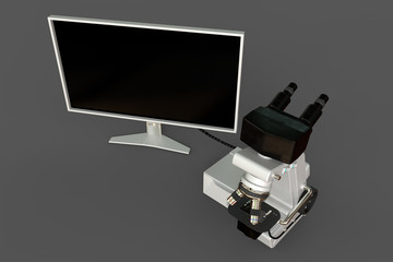 White laboratory microscope, cpu block and empty screen isolated, realistic 3d illustration of object with fictional design, healthcare discovery concept