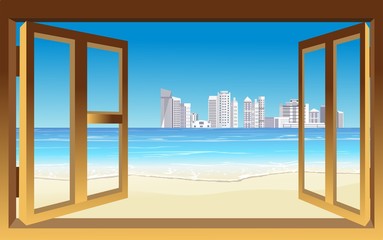 Open window with a landscape view. The sea landscape, city on the horizon from the window vector