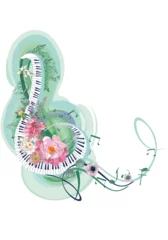 Foto op Plexiglas Abstract nature treble clef decorated with summer and spring flowers, notes, birds. Light and relax music. Hand drawn vector illustration. © Anna Laifalight