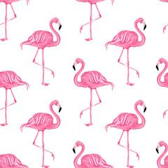 Naklejka premium Beautiful seamless vector tropical pattern with pink flamingos on white background. Abstract summer texture. vector illustration.