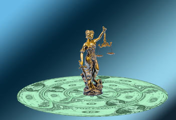 Statue of justice on a round mosaic of one US dollar. Blue background
