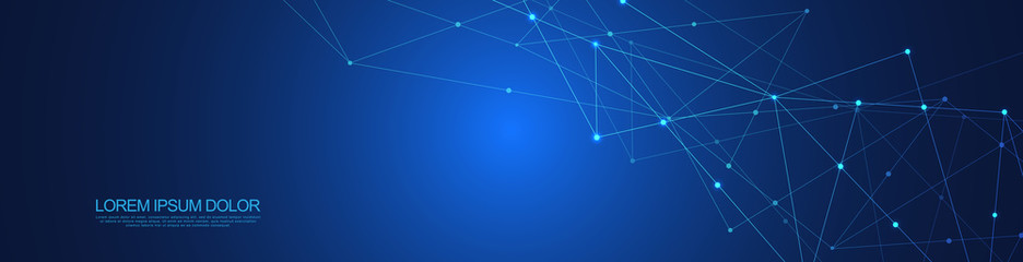 Website header or banner design with abstract geometric background and connecting dots and lines. Global network connection. Digital technology with plexus background and space for your text.